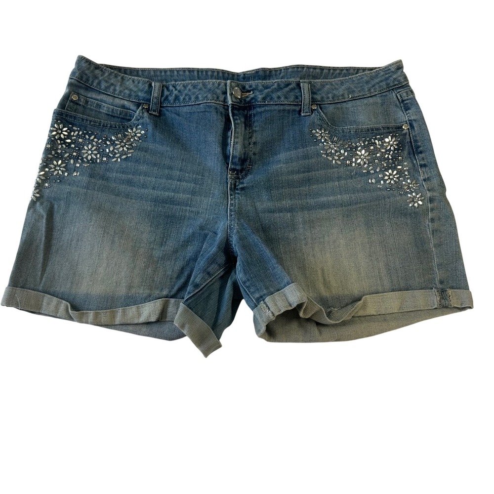 Jennifer Lopez Womens Rhinestone Embellished Denim Shorts Blue Size 16 Cuffed